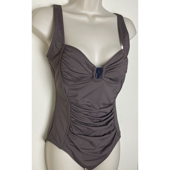 Calvin Klein Women’s Ruched Front One Piece Swimsuit Size 8 Grey Brown - Picture 2 of 7